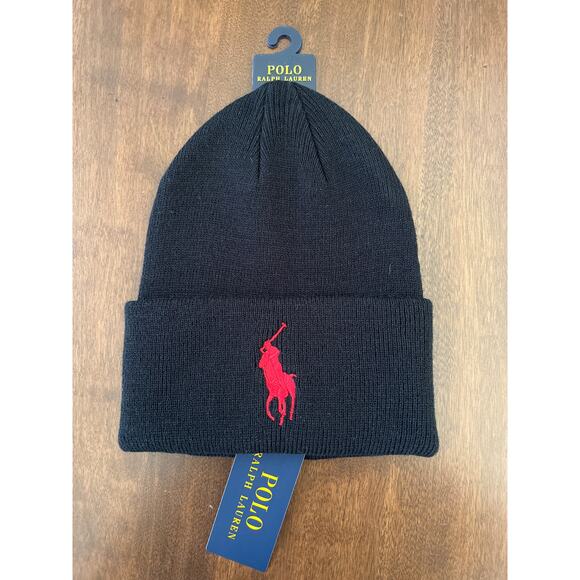 Polo Ralph Lauren Beanie Men Black Red Big Pony Knit Cuff Winter Hat Acrylic NEW - Picture 1 of 2